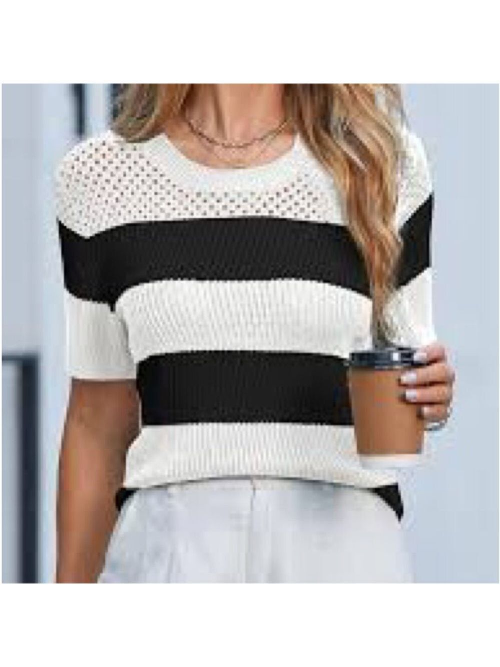Black & White Striped Short Sleeve Crochet Pointelle Knit Sweater Sz 2X
